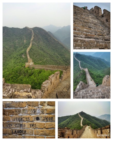 2012-May-19 Huairou, Beijing, China: Hiking “Yellow Flower Fortress,” a somewhat remote section of the Great Wall at Huanghuacheng, which is located in the Huairou District, about 60 kilometers from Beijing, China and was constructed in the Ming Dynasty (1368-1644). It is ~6.8 miles (11km) long and joins with Juyongguan Pass and Badaling in the southwest and Jiankou and Mutianyu in the northeast. Some portions were almost vertical and resembled climbing a very, VERY tall wall at a rock gym; other portions were just REALLY STEEP and SLICK (and going downhill was no better than going uphill). Locals “guard” the wall and charge access fees (price posted on the wall) for whatever sections they prefer.